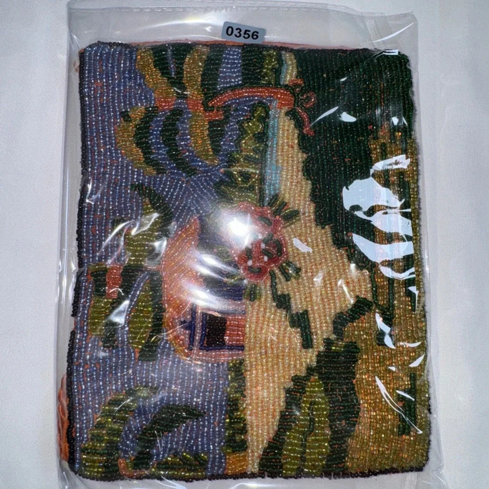 Vintage Tropical Beaded Crossbody Bag Orange Palm Tree Beach Scene Small Purse